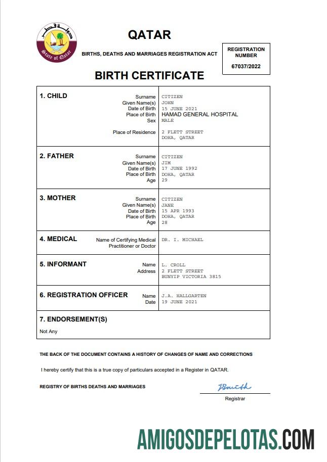 Para baixar modelo Word e PDF de certidão de nascimento de registro vital do Catar